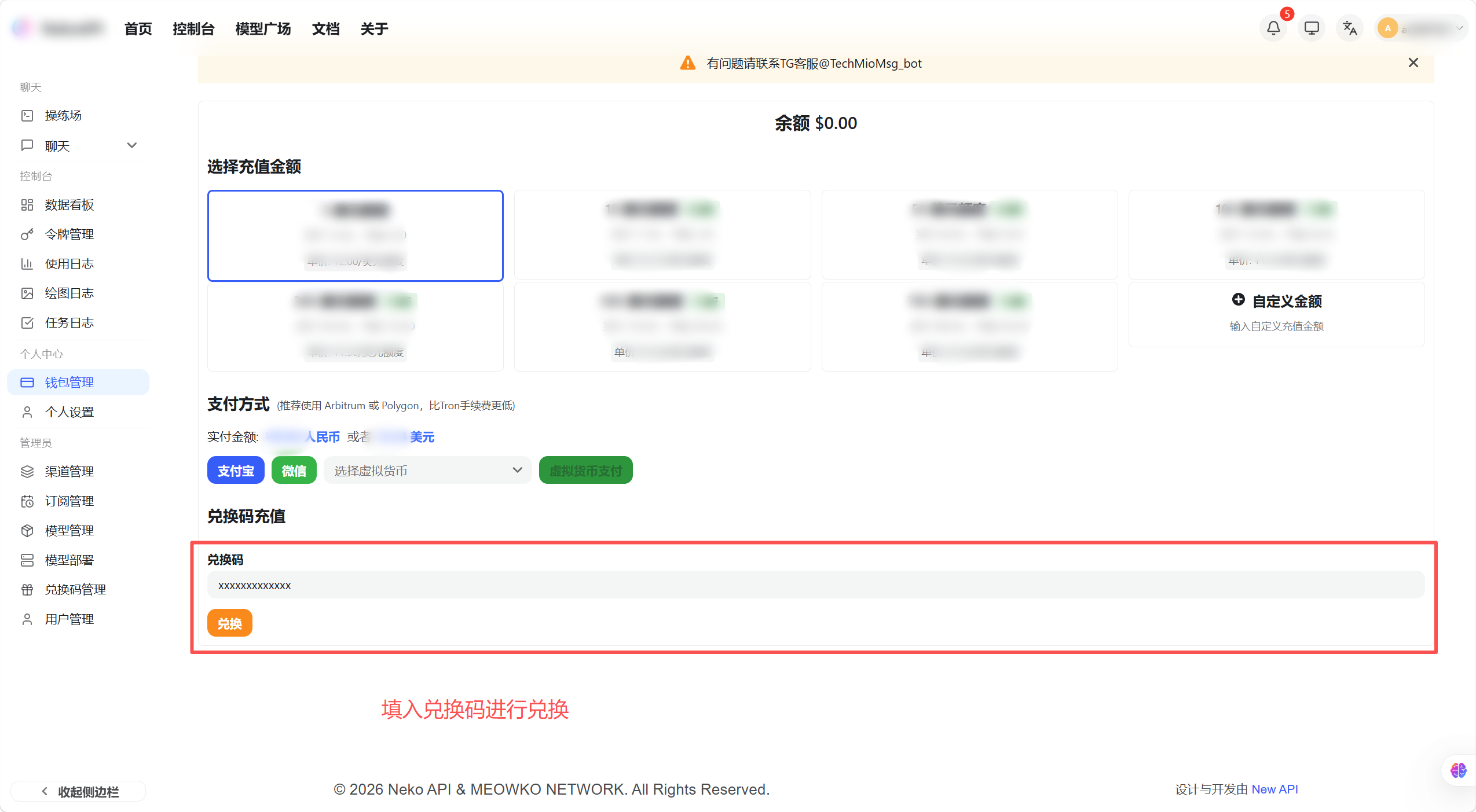 Redemption code input area